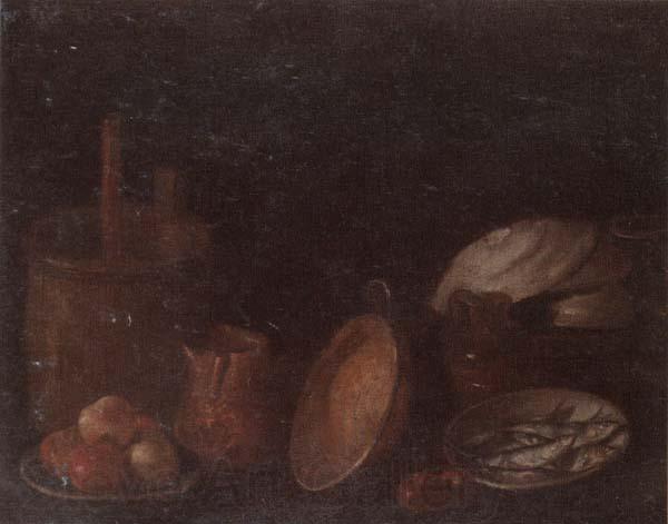 unknow artist Still life of apples and herring in bowls,a beaten copper jar,a pan and other kitchen implements Spain oil painting art